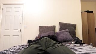 Showing off on cam and stroking on his bed (solo, masturbation, man ass, cum on self)