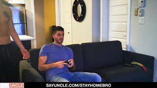 Blindfolded Roommate Gets Cock to Distract him 